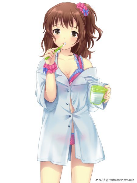 Anime picture 640x853 with ilog beniya mari occhan single long hair tall image looking at viewer fringe open mouth simple background brown hair standing white background bare shoulders holding green eyes one side up polka dot brushing teeth girl