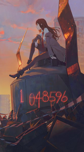 Anime picture 2976x5401 with steins;gate white fox makise kurisu modare single long hair tall image fringe highres hair between eyes brown hair sitting brown eyes looking away sky full body outdoors profile off shoulder arm support
