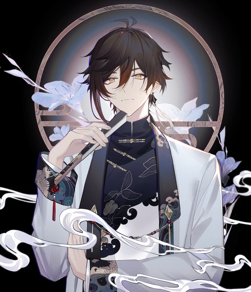 Anime picture 3600x4194 with genshin impact zhongli (genshin impact) xingxing mei single long hair tall image fringe highres hair between eyes brown hair yellow eyes absurdres upper body ahoge traditional clothes alternate costume chinese clothes boy fan single earring