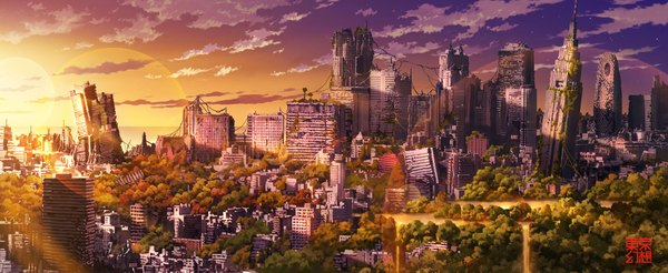Anime picture 1916x787 with original tokyogenso highres wide image sky cloud (clouds) evening sunset cityscape ruins panorama post-apocalyptic building (buildings)