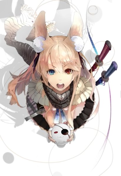 Anime picture 4209x6138 with original nil (artist) single long hair tall image looking at viewer highres open mouth blonde hair animal ears absurdres heterochromia girl dress weapon sword scarf katana