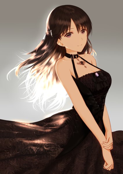 Anime-Bild 3507x4960 mit original an yasuri single long hair tall image looking at viewer fringe highres breasts simple background hair between eyes brown hair brown eyes absurdres cleavage light smile grey background gradient background floating hair lacing