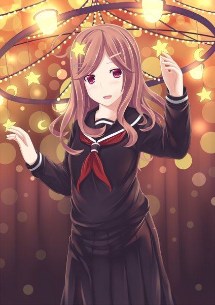 Anime picture 1000x1414 with original mizunashi kenichi single long hair tall image looking at viewer blush open mouth red eyes brown hair girl serafuku star (symbol)