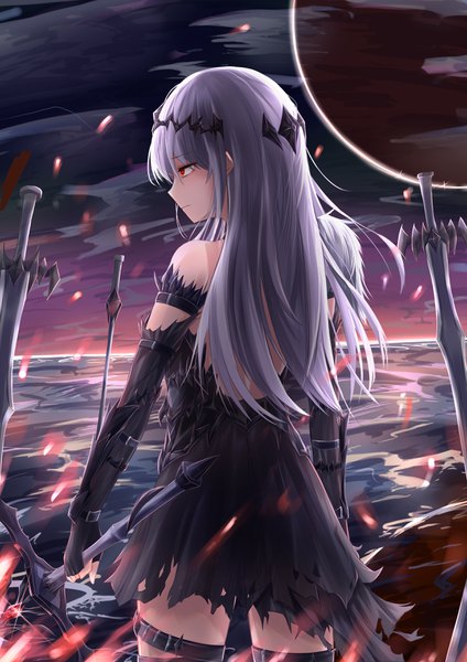 Anime picture 2480x3508 with original hamu (pixiv46045709) single long hair tall image fringe highres hair between eyes red eyes standing bare shoulders holding looking away silver hair outdoors from behind night night sky torn clothes turning head