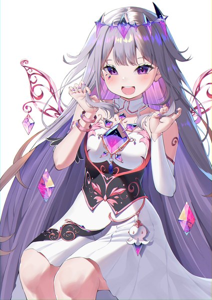 Anime picture 3307x4677 with virtual youtuber hololive hololive english koseki bijou koseki bijou (1st costume) himeliofon single tall image blush highres open mouth simple background white background purple eyes looking away absurdres very long hair :d grey hair holding hair
