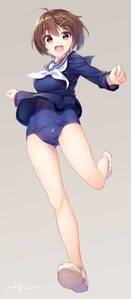 Anime picture 881x2000 with strike witches brave witches karibuchi hikari nijihashi sora single tall image looking at viewer short hair open mouth light erotic simple background smile brown hair brown eyes signed full body ahoge bent knee (knees) :d grey background