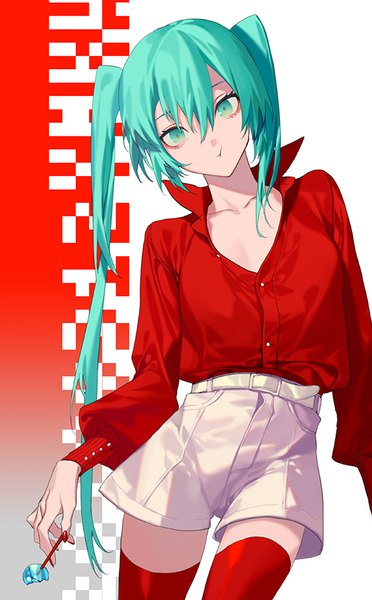 Anime picture 570x919 with vocaloid hatsune miku yamakawa single long hair tall image looking at viewer fringe hair between eyes twintails head tilt aqua eyes aqua hair zettai ryouiki partially open clothes :t fashion uneven twintails girl thighhighs