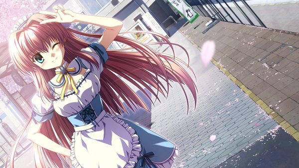 Anime picture 1280x720 with supipara narumi sakura nanao naru long hair blush blue eyes brown hair wide image game cg one eye closed wink maid victory girl petals headdress maid headdress