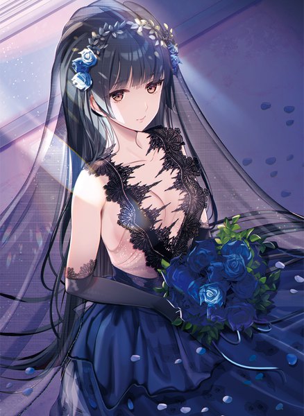 Anime picture 730x1000 with original hayakawa akari single long hair tall image looking at viewer fringe breasts light erotic black hair bare shoulders holding brown eyes payot cleavage upper body indoors blunt bangs hair flower from above
