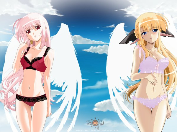 Anime picture 1600x1200 with shuffle! lisianthus nerine hosoda naoto long hair blue eyes light erotic blonde hair red eyes multiple girls pink hair cloud (clouds) ahoge head tilt pointy ears wallpaper underwear only angel wings third-party edit lace-trimmed bra