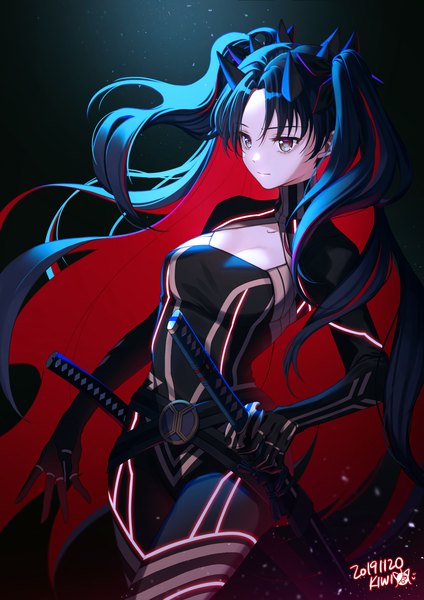 Anime picture 1500x2122 with fate (series) fate/grand order ishtar (fate) space ishtar (fate) kiwi (pixiv6429539) single tall image fringe breasts black hair simple background hair between eyes standing holding signed looking away cleavage red hair very long hair multicolored hair