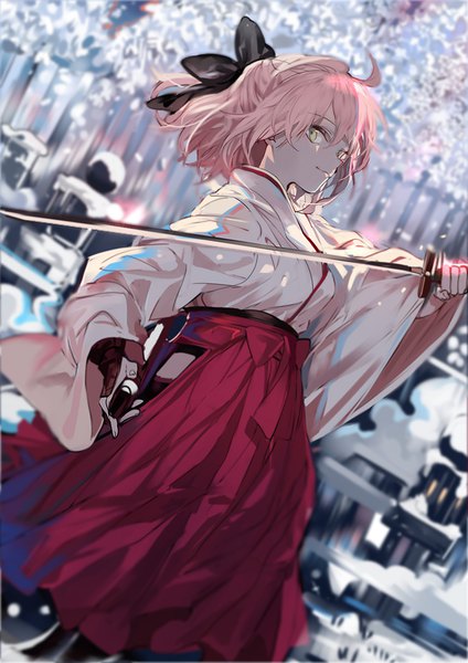 Anime picture 800x1131 with fate (series) fate/grand order okita souji (fate) (all) okita souji (koha-ace) ran (pixiv2957827) single tall image looking at viewer short hair yellow eyes pink hair ahoge outdoors traditional clothes japanese clothes profile light smile half updo girl bow