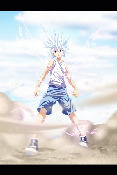 Anime picture 1600x2387 with hunter x hunter killua zaoldyeck ironizer single long hair tall image blue eyes sky cloud (clouds) white hair coloring magic letterboxed electricity boy uniform shorts gym uniform fist
