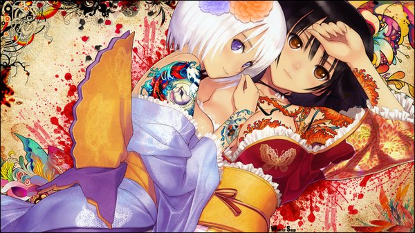 Anime picture 1920x1080 with tony taka snyp (r0pyns) long hair highres short hair breasts light erotic black hair smile wide image purple eyes multiple girls brown eyes white hair japanese clothes hair flower tattoo girl hair ornament bow