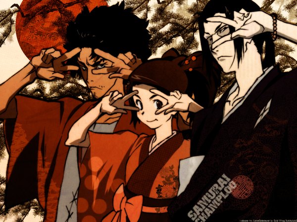 Anime picture 1600x1200 with samurai champloo mugen (samurai champloo) jinnosuke fuu (samurai champloo) long hair short hair black hair smile brown hair japanese clothes black eyes inscription victory group girl boy glasses kimono beads prayer beads