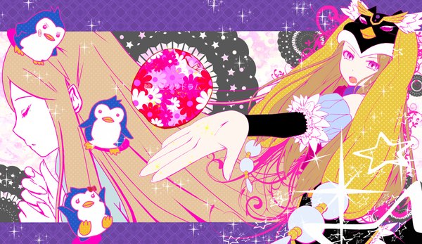 Anime picture 2000x1157 with mawaru penguindrum takakura himari long hair highres open mouth blonde hair wide image pink eyes girl animal bird (birds) mask penguin
