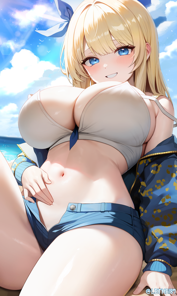 Anime picture 2696x4524 with dungeon and fighter original cankofi's character lethe (lethe187) single long hair tall image looking at viewer blush fringe highres breasts blue eyes light erotic blonde hair smile large breasts sitting signed sky