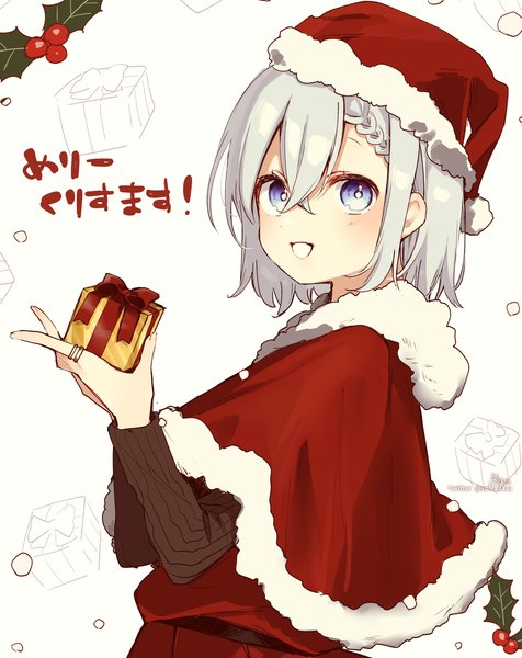Anime picture 2837x3573 with original sofra single tall image looking at viewer blush fringe highres blue eyes hair between eyes white background holding silver hair upper body braid (braids) long sleeves arms up fur trim christmas merry christmas