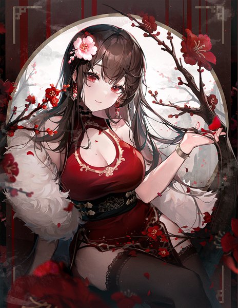 Anime picture 900x1163 with original ttosom single long hair tall image looking at viewer fringe breasts light erotic smile red eyes brown hair large breasts sitting cleavage blunt bangs traditional clothes head tilt hair flower mole