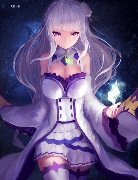 Anime picture 1500x1956 with re:zero kara hajimeru isekai seikatsu white fox emilia (re:zero) kisei2 single long hair tall image looking at viewer fringe breasts smile purple eyes bare shoulders cleavage silver hair blunt bangs braid (braids) pleated skirt hair flower night