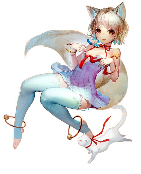 Anime picture 888x1094 with original ddongu single tall image looking at viewer short hair light erotic blonde hair bare shoulders brown eyes signed animal ears bent knee (knees) tail nail polish animal tail cat ears cat girl cat tail no shoes