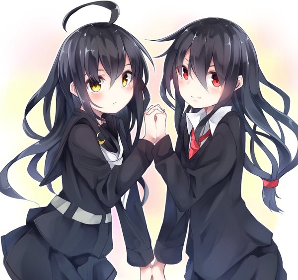 Anime picture 1500x1411 with kantai collection mikazuki destroyer hatsushimo destroyer otokuyou long hair looking at viewer blush fringe black hair smile red eyes standing multiple girls yellow eyes ahoge alternate costume holding hands crescent interlocked fingers frown