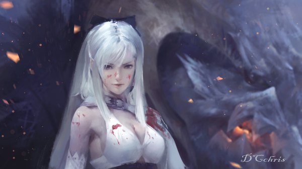 Anime picture 6012x3368 with drakengard zero (drag-on dragoon) dcchris long hair looking at viewer fringe highres breasts wide image standing signed payot absurdres cleavage silver hair upper body pink eyes horn (horns) realistic fantasy