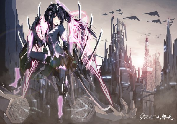 Anime picture 1476x1039 with original merontomari blue eyes black hair looking away full body ponytail girl thighhighs skirt gloves weapon black thighhighs sword elbow gloves building (buildings) mask aircraft airplane jet