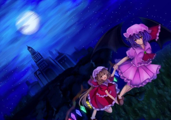 Anime picture 1227x867 with touhou flandre scarlet remilia scarlet lio (artist) blush short hair open mouth blonde hair red eyes multiple girls purple hair cloud (clouds) night flying bat wings girl dress skirt 2 girls wings