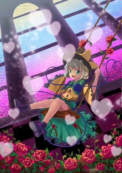 Anime picture 2893x4092 with touhou komeiji koishi shinebell tall image highres short hair open mouth blonde hair green eyes girl dress flower (flowers) hat heart swing