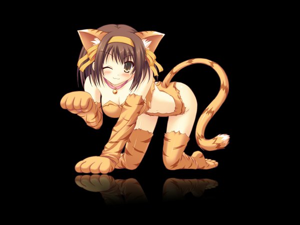 Anime picture 1600x1200 with suzumiya haruhi no yuutsu kyoto animation suzumiya haruhi light erotic cat girl girl