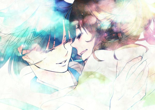 Anime picture 1754x1240 with spirited away studio ghibli haku (spirited away) ogino chihiro haruomi highres smile brown hair blue hair ponytail eyes closed wind sunlight aqua hair couple hug lens flare light happy face to face