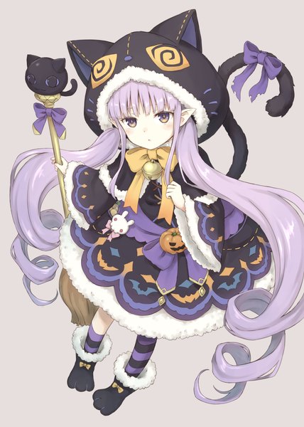 Anime picture 800x1120 with princess connect! re:dive princess connect! kyouka (princess connect!) 104 single tall image looking at viewer simple background purple eyes twintails purple hair full body tail very long hair animal tail from above pointy ears grey background :o cat tail