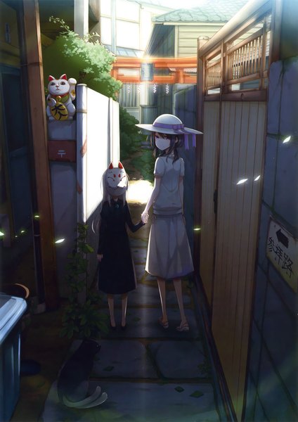 Anime picture 3252x4602 with original eshi 100-nin ten ayakura juu long hair tall image highres short hair black hair red eyes multiple girls absurdres white hair looking back alley girl dress skirt 2 girls hat miniskirt