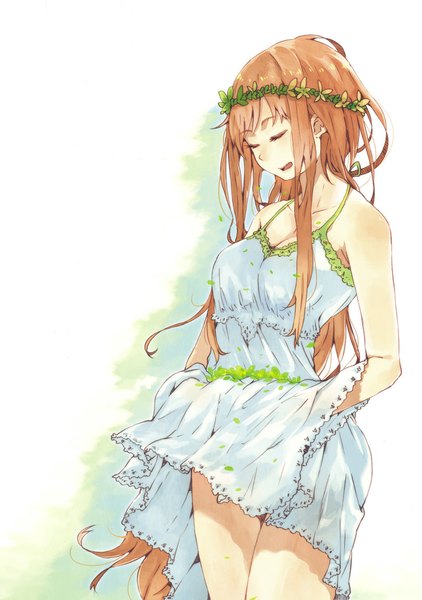 Anime picture 752x1070 with original hrd single tall image open mouth brown hair bare shoulders holding eyes closed very long hair wind girl dress flower (flowers) white dress sundress wreath
