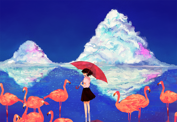 Anime picture 1000x687 with original tagme (artist) single fringe short hair brown hair standing holding sky cloud (clouds) wind girl skirt animal shirt water bird (birds) umbrella flamingo