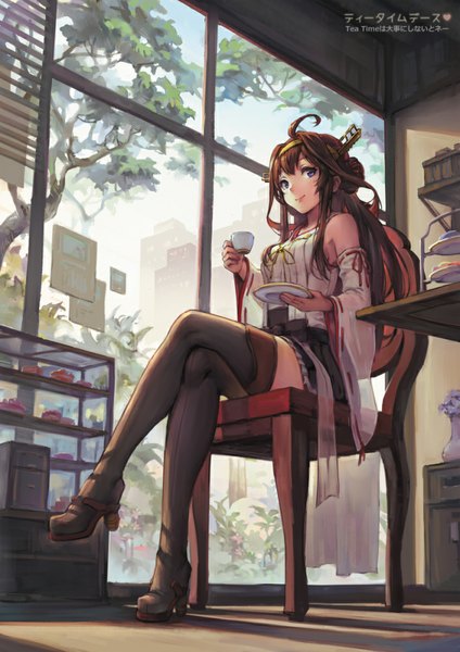 Anime picture 707x1000 with kantai collection kongou battleship haoni single long hair tall image looking at viewer blue eyes smile brown hair sitting bare shoulders holding signed ahoge bent knee (knees) indoors long sleeves pleated skirt wide sleeves