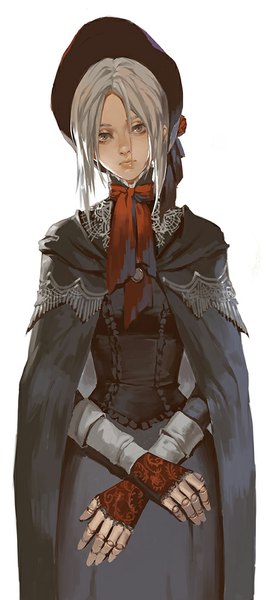 Anime picture 500x1122 with bloodborne from software plain doll narrator366 single long hair tall image looking at viewer fringe simple background standing white background head tilt lips grey hair grey eyes crossed arms fantasy expressionless girl
