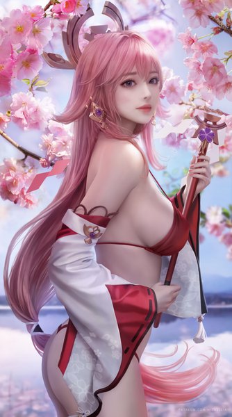 Anime picture 3900x7000 with genshin impact yae miko wickellia single long hair tall image looking at viewer fringe highres breasts light erotic hair between eyes large breasts standing purple eyes holding animal ears pink hair absurdres outdoors