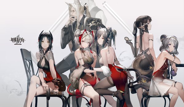 Anime picture 1920x1120 with arknights w (arknights) schwarz (arknights) eunectes (arknights) lin yuhsia (arknights) ines (arknights) hellagur (arknights) liduke long hair looking at viewer fringe highres short hair breasts light erotic black hair simple background hair between eyes wide image large breasts