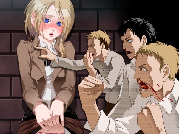 Anime picture 1600x1200 with shingeki no kyojin production i.g krista lenz bertolt hoover reiner braun jean kirstein kuro taketo blush short hair open mouth blue eyes light erotic black hair blonde hair brown eyes open clothes open jacket multiple boys girl boy