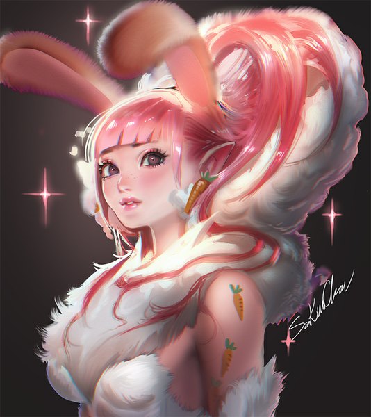 Anime picture 801x900 with sakimichan single long hair tall image looking at viewer blush fringe signed animal ears pink hair parted lips pink eyes lips pointy ears realistic tattoo bunny ears gradient background dark background girl