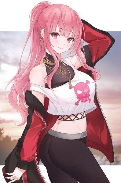 Anime picture 2865x4336 with virtual youtuber hololive hololive english mori calliope mori calliope (streetwear) lebring single long hair tall image looking at viewer blush fringe highres smile standing signed payot pink hair ass blunt bangs