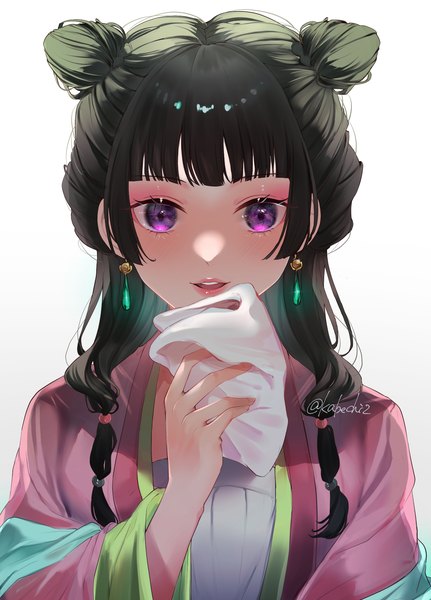 Anime picture 1675x2331 with kusuriya no hitorigoto maomao (kusuriya no hitorigoto) kabechizu single long hair tall image looking at viewer fringe simple background white background purple eyes signed upper body blunt bangs traditional clothes green hair hair bun (hair buns) twitter username chinese clothes girl