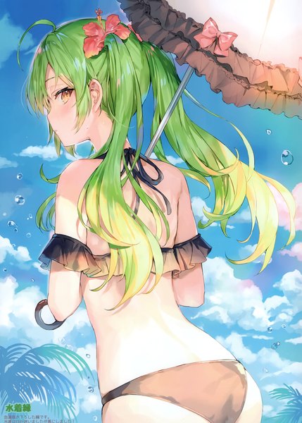Anime picture 2111x2952 with original yukari (momoko) momoko (momopoco) single long hair tall image blush highres light erotic twintails bare shoulders holding sky cloud (clouds) ahoge outdoors looking back hair flower green hair from behind