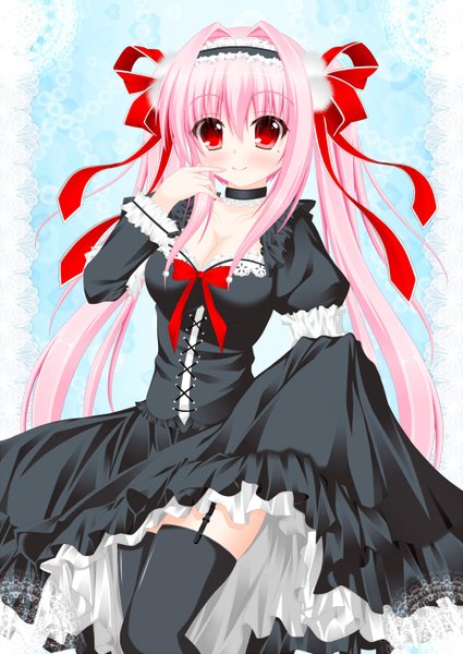 Anime picture 1002x1416 with original yunagi amane single tall image blush smile red eyes twintails pink hair very long hair zettai ryouiki finger to mouth skirt hold girl thighhighs dress skirt ribbon (ribbons) black thighhighs hair ribbon