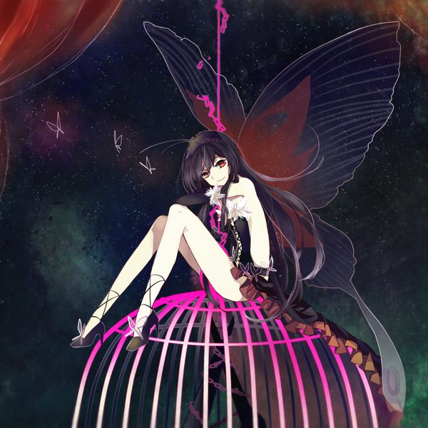 Anime picture 1100x1100 with accel world sunrise (studio) kuroyukihime noritamako single long hair looking at viewer black hair red eyes sitting legs insect wings butterfly wings girl dress gloves elbow gloves insect butterfly chain