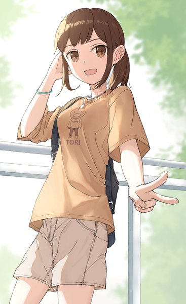 Anime picture 646x1055 with original kurei 9 0 single long hair tall image looking at viewer brown hair standing brown eyes payot outdoors ponytail arm up from below short sleeves victory girl shorts bracelet pendant