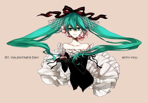 Anime picture 1500x1049 with vocaloid hatsune miku long hair simple background green eyes green hair girl dress flower (flowers) ribbon (ribbons) hair ribbon sweets cake