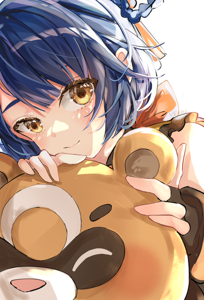 Anime picture 750x1100 with genshin impact xiangling (genshin impact) guoba (genshin impact) venn (vebonbon) single tall image looking at viewer short hair smile white background signed yellow eyes blue hair girl animal bear